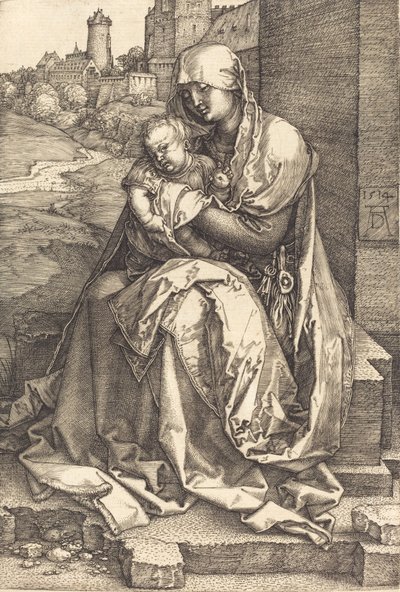 Jungfrun och barnet sitter vid muren, 1514. av Albrecht Dürer