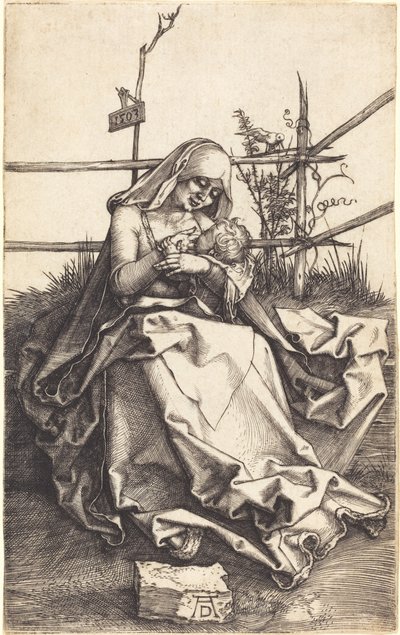 Jungfrun och barnet på en gräsbevuxen bänk av Albrecht Dürer