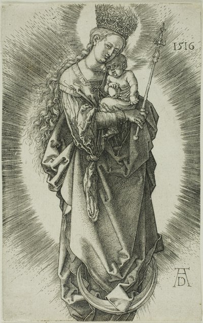 Jungfrun på en halvmåne med en krona av stjärnor och en spira av Albrecht Dürer