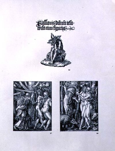 Tre sidor ur Small Passion-serien: (översta) titelsidan med Kristus som sorgens man och en latinsk inskription; (vänster) Utvisningen från paradiset; (höger) Adam och Eva, pub. 1511 av Albrecht Dürer