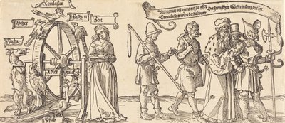 Tid och en räv som vrider lyckohjulet med människor av alla led åt höger, troligen 1526. av Albrecht Dürer