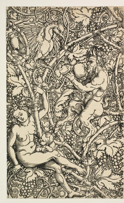 Två mönster för gobeläng med satyrfamilj av Albrecht Dürer