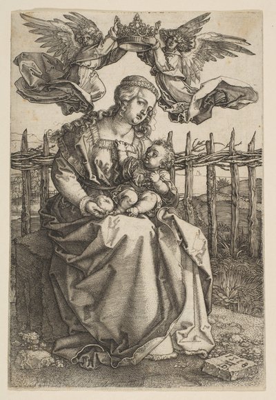 Jungfru och barn krönt av två änglar, 1518. av Albrecht Dürer