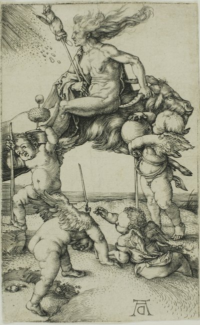 Häxa som rider baklänges på en get av Albrecht Dürer