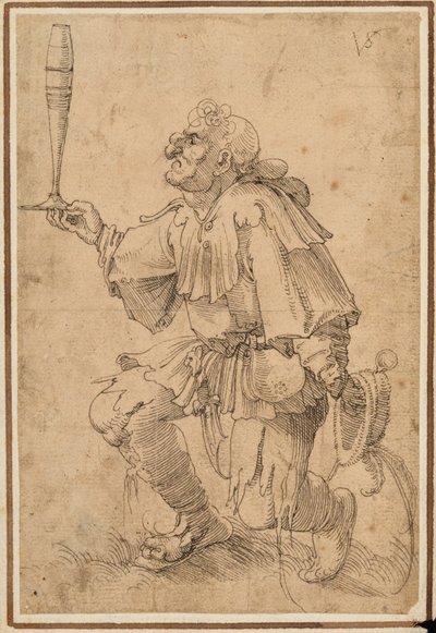 En grotesk man på knä och håller ett högt ölglas vid basen av Albrecht Dürer