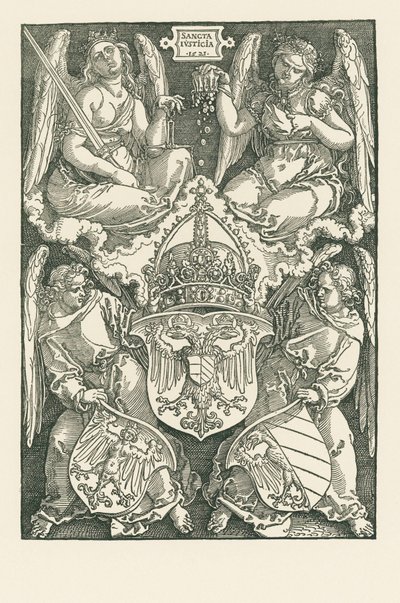 Allegori med kejsardömets och staden Nürnbergs vapensköldar av Albrecht Dürer or Duerer