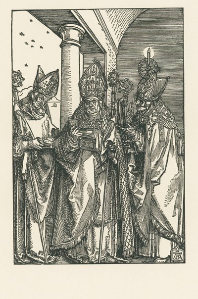 Biskopen Sankt Nicolaus, helgonen Ulrich och Erasmus, ca 1505 (träsnitt) av Albrecht Dürer or Duerer