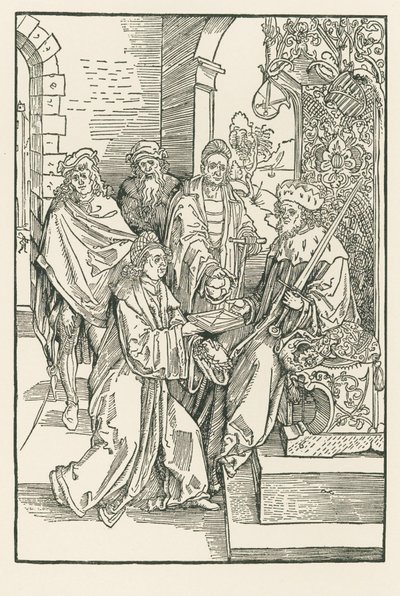 Conrad Celtes överlämnar sin utgåva av Roswithas komedier till kurfursten Fredrik av Sachsen av Albrecht Dürer or Duerer