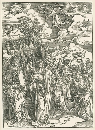 Fyra änglar som håller vindarna och de utvaldas signering. Johannes Uppenbarelsebok, ca 1497-98 (träsnitt) av Albrecht Dürer or Duerer