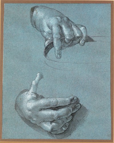 Händer - Två studier (kritteckning på blått papper) av Albrecht Dürer or Duerer