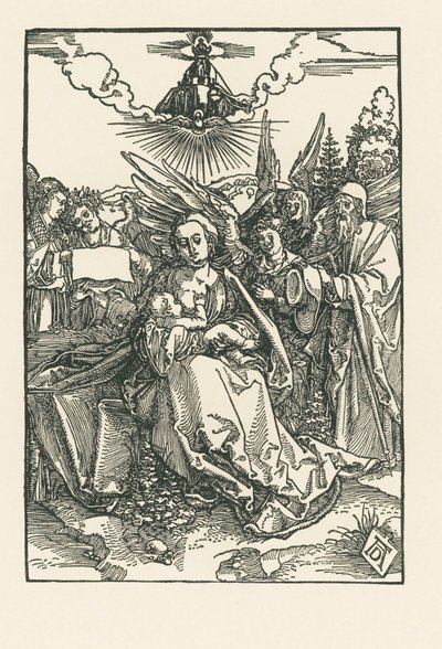 Den heliga familjen med fem änglar, ca 1503-04 (träsnitt) av Albrecht Dürer or Duerer