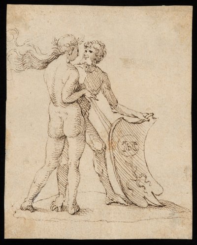 Naken kvinna och man med skölden med Willibald Pirckheimers vapensköld av Albrecht Dürer