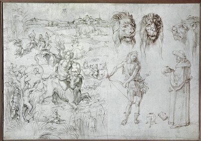 Europas våldtäkt, lejonhuvuden, bågskytt, visman, dödskalle (teckning) av Albrecht Dürer or Duerer