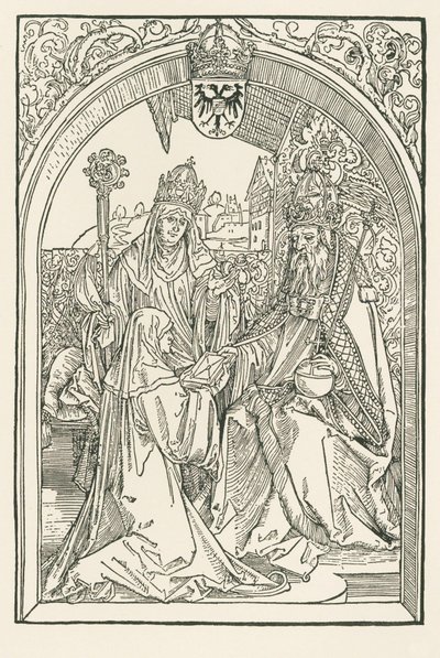 Roswitha överlämnar sina verk till kejsar Otto I i närvaro av sin systerdotter Gerba, abbedissan av Gandersheim av Albrecht Dürer or Duerer