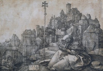 Sankt Antonius sitter framför en stad - Kopparstick av Albrecht Durer (1471-1528) av Albrecht Dürer