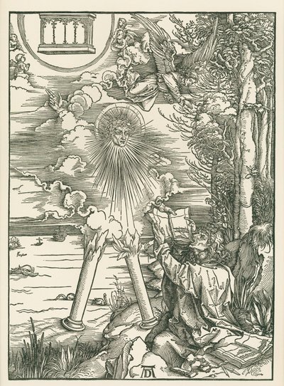 Johannes slukar boken som ängeln ger honom. Johannes Uppenbarelse, ca 1498 (träsnitt) av Albrecht Dürer or Duerer