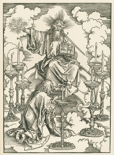 Johannes vision av Kristus och de sju ljusstakarna. Den helige Johannes uppenbarelse, ca 1496-98 (träsnitt) av Albrecht Dürer or Duerer