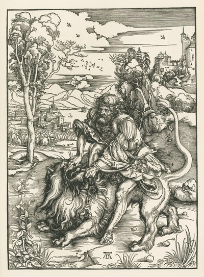 Simson dödar lejonet, ca 1497-98 (träsnitt) av Albrecht Dürer or Duerer