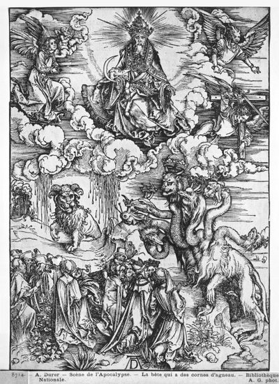 Scen från apokalypsen, den sjuhövdade och tiohornade draken (träsnitt) (s/v foto) av Albrecht Dürer