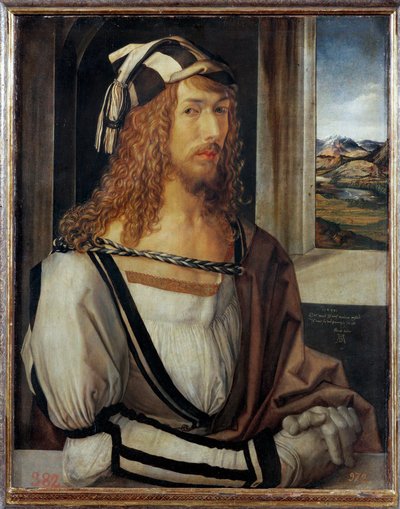 Självporträtt, med inskriptionen " 1498 (olja på trä) av Albrecht Dürer or Duerer