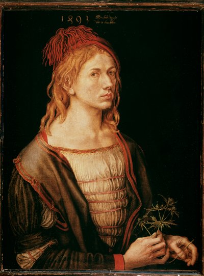 Självporträtt med tistel (målning, pergamentlim på duk av Albrecht Dürer