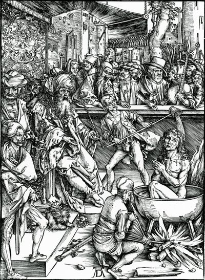 Evangelisten Johannes torteras i ett kärl med kokande olja, från "Apocalypse"-serien av Albrecht Dürer