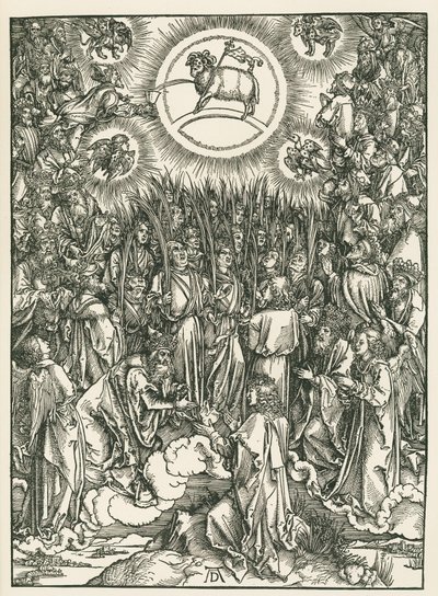 Lammets tillbedjan och de utvaldas hymn. Johannes Uppenbarelsebok, ca 1496-97 (träsnitt) av Albrecht Dürer or Duerer