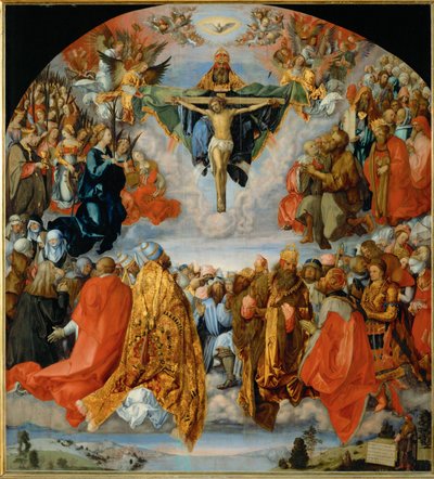 Treenighetens tillbedjan med Dürers självporträtt längst ner till höger (olja på poppelträ) av Albrecht Dürer or Duerer