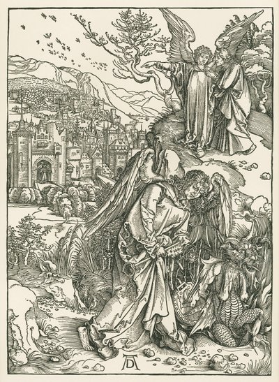 Ängeln med nyckeln som kastar ner draken i avgrunden och en annan ängel som visar Johannes det nya Jerusalem, ca 1497-98 (träsnitt) av Albrecht Dürer or Duerer