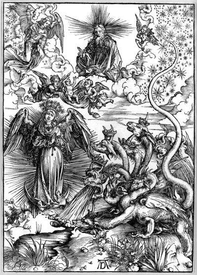 Den apokalyptiska kvinnan eller kvinnan klädd med solen och den sjuhövdade draken, från Apokalypsen eller Johannes uppenbarelse av Albrecht Dürer