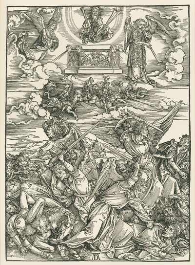 Änglarnas kamp. Johannes Uppenbarelse, ca 1496-98 (träsnitt) av Albrecht Dürer or Duerer