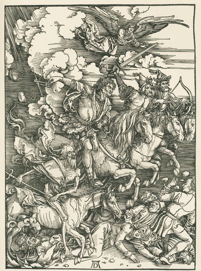 Apokalypsens fyra ryttare. Johannes Uppenbarelse, ca 1497-98 (träsnitt) av Albrecht Dürer or Duerer