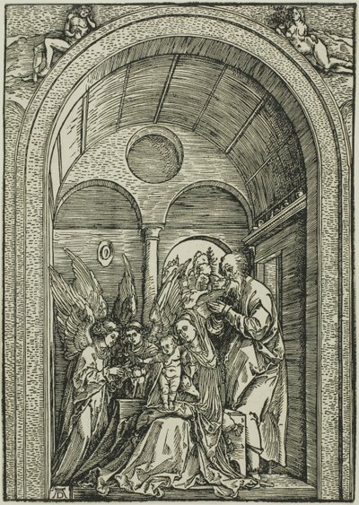 Den heliga familjen med två änglar i en välvd sal av Albrecht Dürer or Duerer