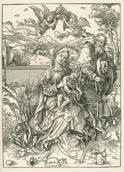 Den heliga familjen med tre harar, ca 1497 (träsnitt) av Albrecht Dürer or Duerer
