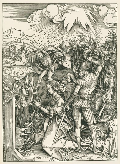 Den heliga Katarina av Alexandrias martyrskap, ca 1498 (träsnitt) av Albrecht Dürer or Duerer