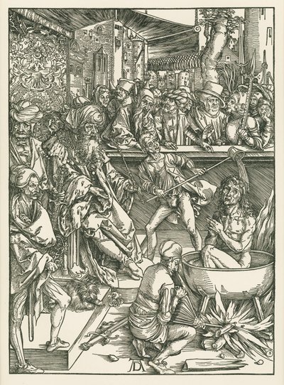 Johannes evangelistens martyrium, ca 1496-97 (träsnitt) av Albrecht Dürer or Duerer