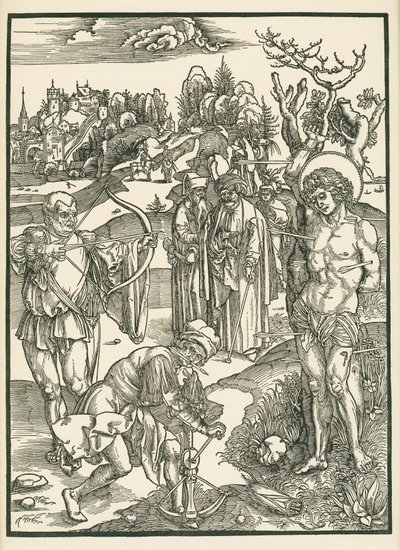 Sankt Sebastians martyrium, ca 1500 (träsnitt) av Albrecht Dürer or Duerer