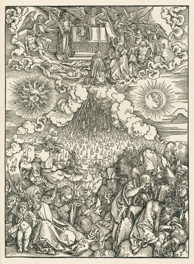 Öppnandet av det femte och sjätte inseglet. Johannes Uppenbarelsebok, ca 1497-98 (träsnitt) av Albrecht Dürer or Duerer
