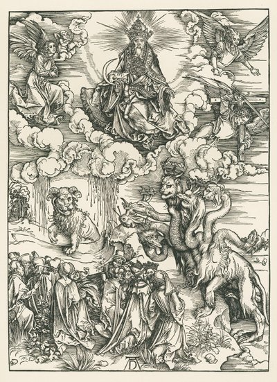 Havsmonstret och odjuret med lammets horn. Johannes Uppenbarelsebok, ca 1496-97 (träsnitt) av Albrecht Dürer or Duerer