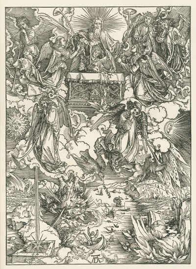De sju trumpeterna ges till änglarna. Johannes Uppenbarelse, ca 1496-97 (träsnitt) av Albrecht Dürer or Duerer