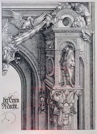 Kejsar Maximilian I:s triumfbåge (1459-1519): detalj av den centrala bågen (heders- och maktporten) med ett bladverk och en animerad pelarhuvud som bär upp en riddare som står i en arkitektonisk nisch, en figur som håller ena sidan av en hängande kartong. av Albrecht Dürer