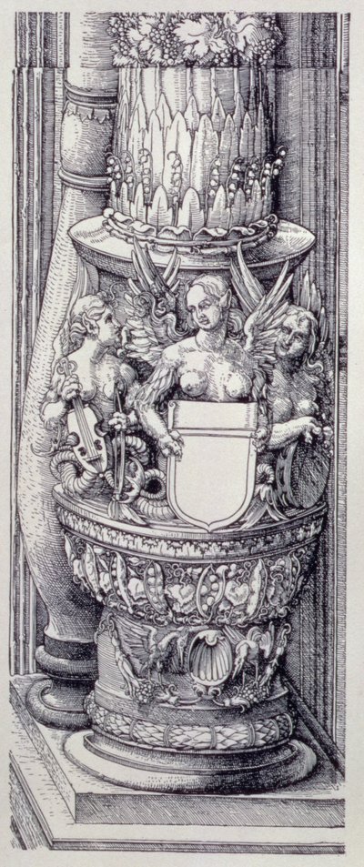 Kejsar Maximilian I av Tysklands triumfbåge (1459-1519): detalj av centrala Gates of Honor and Power, vänster kolumnbas utsmyckad med band av lövverk och bevingade kvinnliga griffiner, daterad 1515, pub. 1517/18 (träsnitt) av Albrecht Dürer
