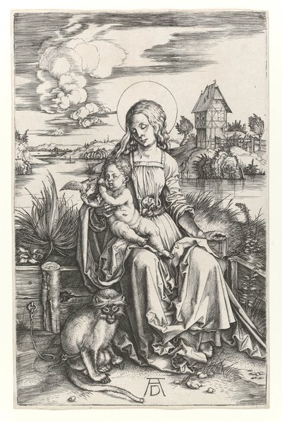 Jungfrun med apan, c.1498 (gravyr av Burin) av Albrecht Dürer