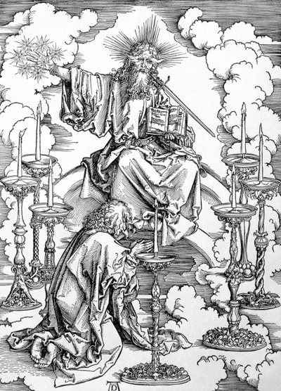 Visionen om de sju ljusstakarna från "Apocalypse" eller "The Revelations of St. John the Divine", pub. 1498 (träsnitt) av Albrecht Dürer
