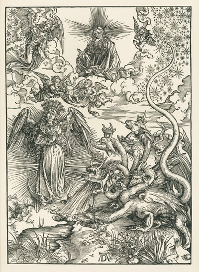 Kvinnan klädd i solen och den sjuhövdade draken. Johannes Uppenbarelsebok, ca 1497 (träsnitt) av Albrecht Dürer or Duerer