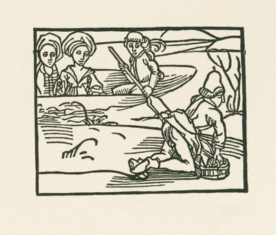Hertiginnan sitter i en båt på vattnet där prästen tvättar sina underkläder, ca 1489-90 (träsnitt) av Albrecht Dürer or Duerer