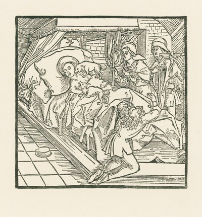 Den ädla hovdamen som matade sina hundar så väl, men lät de fattiga svälta, blir efter sin död slickad av hundarna tills hon blir svart som kol av Albrecht Dürer or Duerer