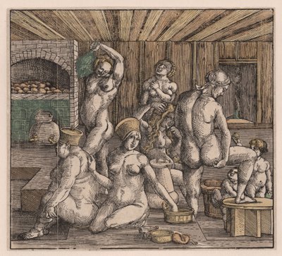 Kvinnobadet, av Duerer, Albrecht (1471-1528). Träsnitt, akvarell, ca. 1500. Mått: 21,8x23,9 cm. Privat samling av Albrecht Dürer