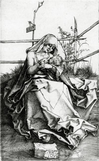 Jungfru och barn sitter på en gräsbänk av Albrecht Dürer
