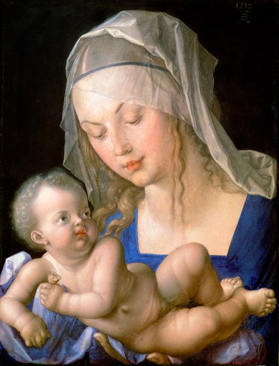 Jungfru och barn som håller ett halvt uppätet päron av Albrecht Dürer
